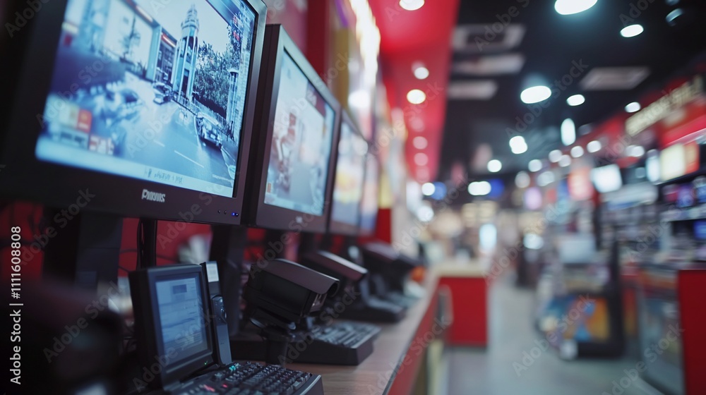 Security system monitors displayed in store. Security system monitors displayed in store.