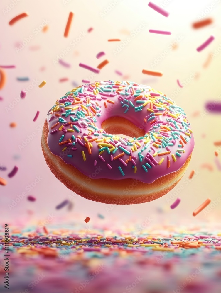 A floating donut with colorful sprinkles surrounded by a sprinkle-filled background. A floating donut with colorful sprinkles surrounded by a sprinkle-filled background.