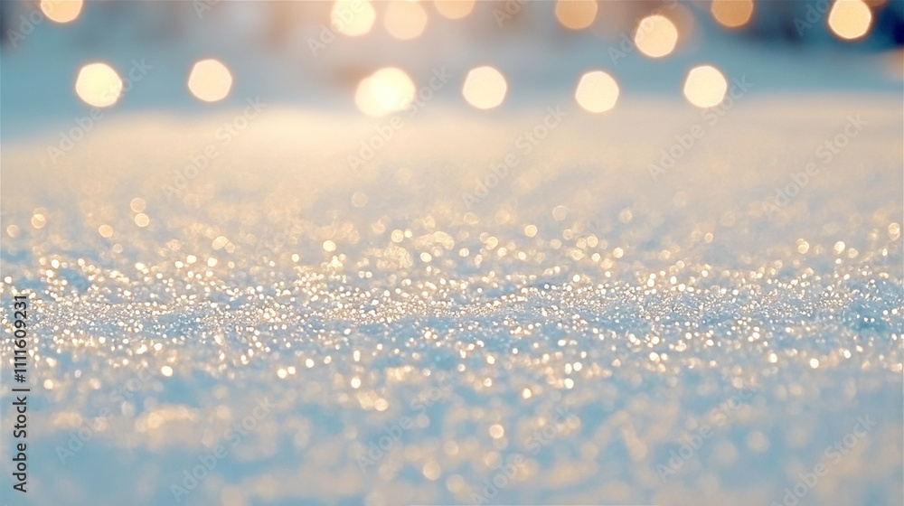 Fotografie Sparkling snow in golden sunlight creates a magical winter wonderland with blurred lights, evoking peace and tranquility