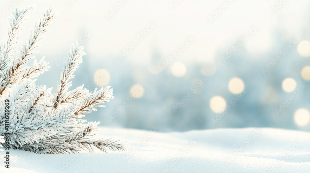 Φωτογραφία Close-up of frosted pine branch lying on snowy surface with blurred background of winter forest and bokeh lights, creating serene and magical christmas atmosphere