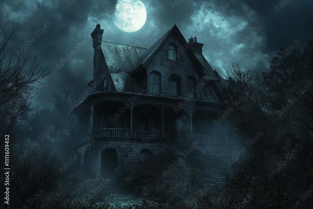 Stone house, moonlit night, overgrown, spooky. Stone house, moonlit night, overgrown, spooky.