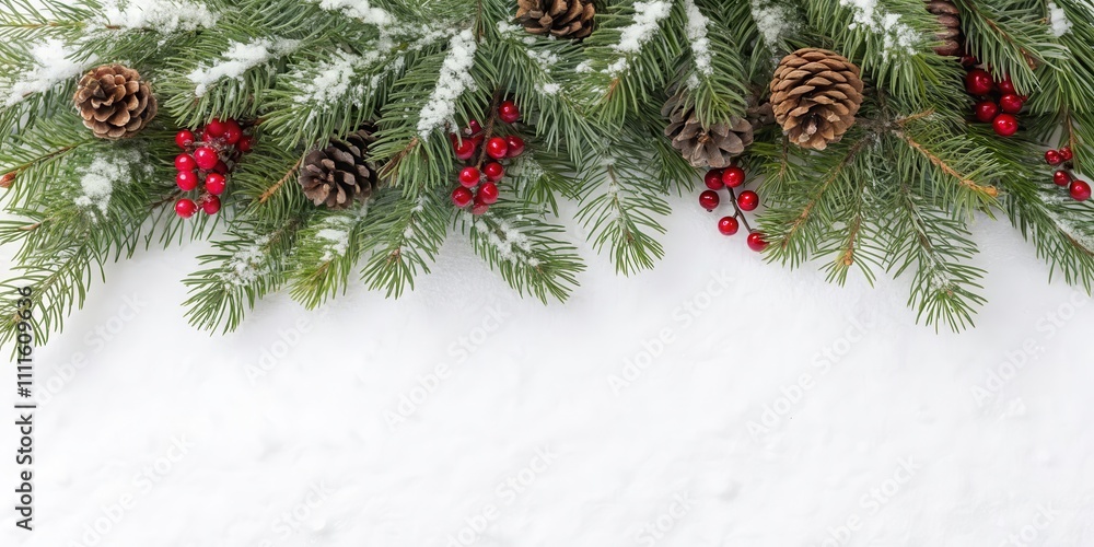 A Festive Winter Border of Snow-Covered Evergreen Branches, Pinecones, and Holly Berries A Festive Winter Border of Snow-Covered Evergreen Branches, Pinecones, and Holly Berries