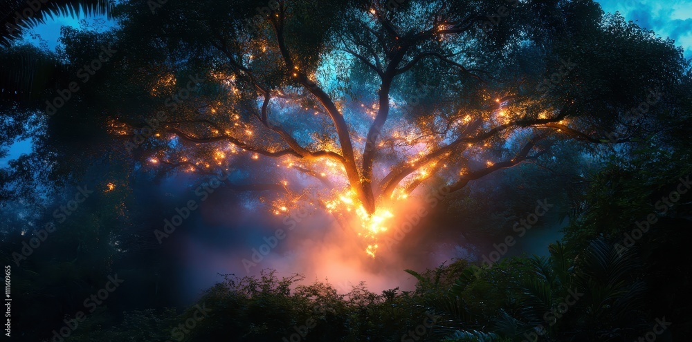 Ethereal humidity envelops trees, creating a mystical and serene forest atmosphere. Ethereal humidity envelops trees, creating a mystical and serene forest atmosphere.