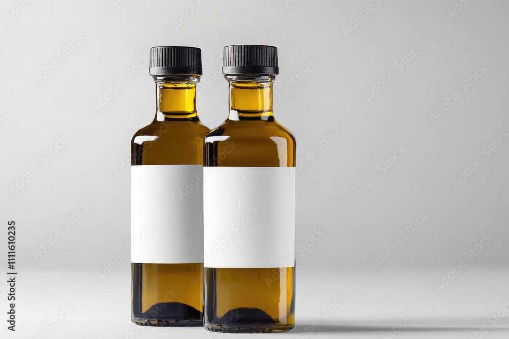 Two Amber Bottles With Blank Labels Stand Side By Side Two Amber Bottles With Blank Labels Stand Side By Side
