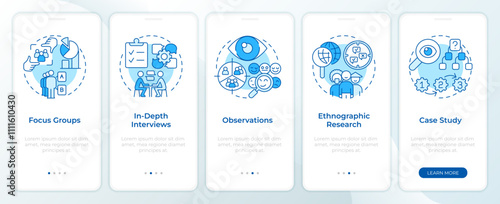 Market research methods blue onboarding mobile app screen. Walkthrough 5 steps editable graphic instructions with linear concepts. UI, UX, GUI template. Montserrat SemiBold, Regular fonts used