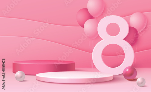 Pink 3d 8 March podium for happy women day vector. International event background with sale stage and pearl sphere. Abstract showroom demonstration with number, ball and papercut wave decoration