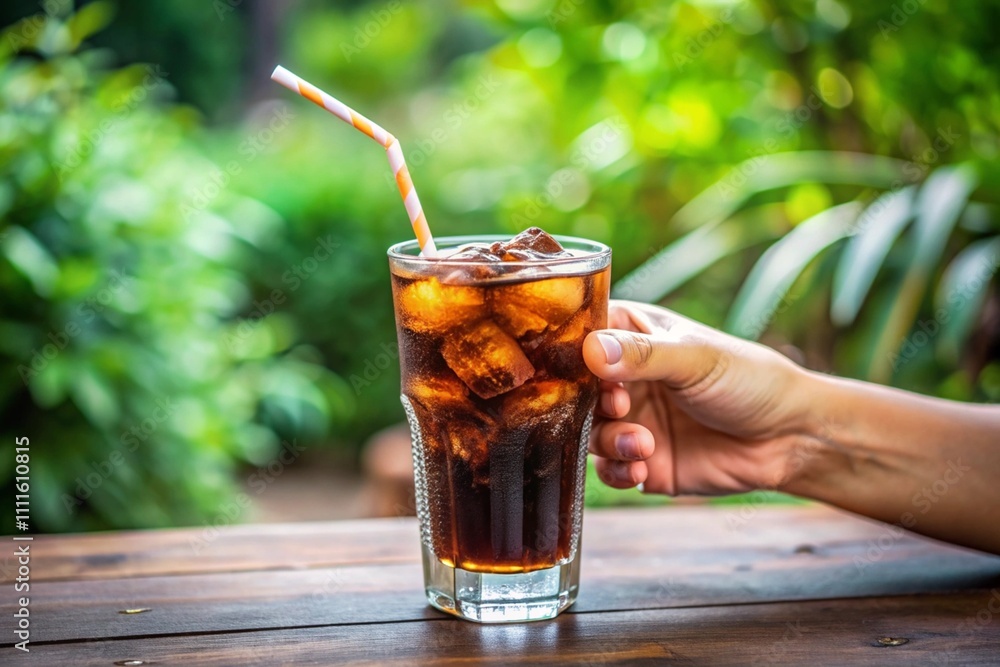A person is holding a glass of soda with a straw in it A person is holding a glass of soda with a straw in it