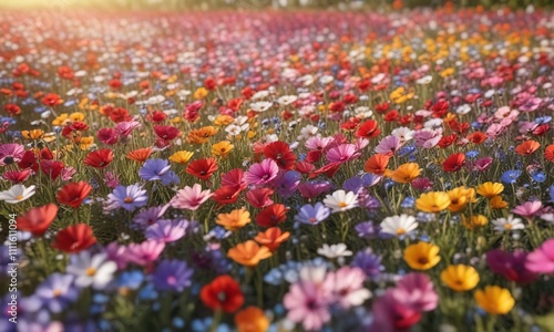 Field of colorful flowers with vibrant petals and soft sunlight, flora, blooming photo