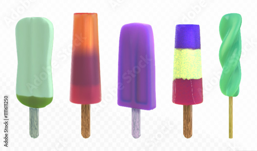 3d summer ice popsicle. Isolated cream on stick realistic illustration. Fruit gradient freeze popstick desserts set. Refreshing tasty snack product with fruity juice design. Frost orange sugar treat