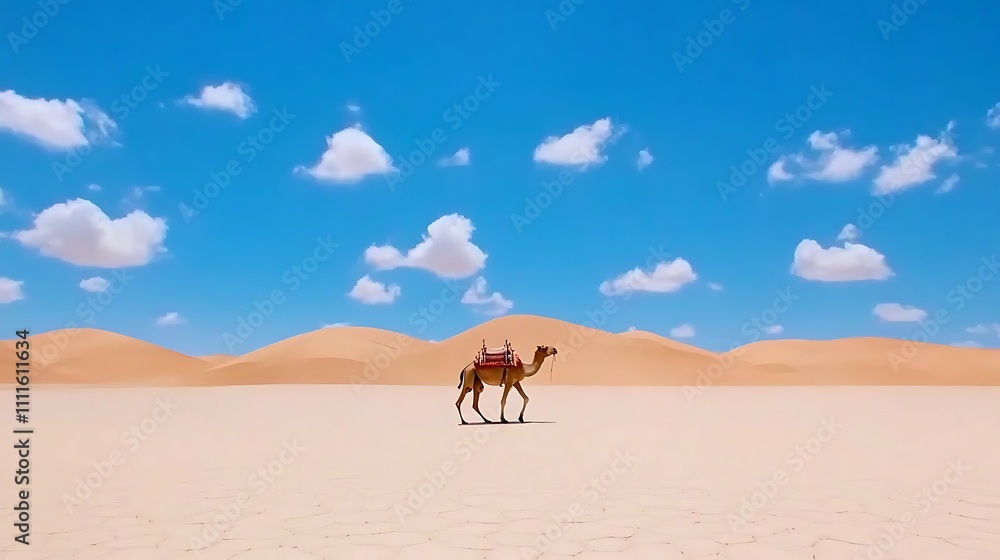 Lonely Camel Stands in a Vast Desert Landscape Under a Bright Blue Sky with Fluffy Clouds Lonely Camel Stands in a Vast Desert Landscape Under a Bright Blue Sky with Fluffy Clouds