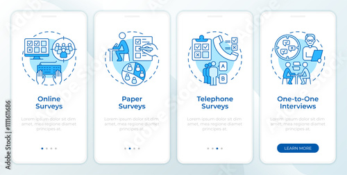 Research survey types blue onboarding mobile app screen. Walkthrough 5 steps editable graphic instructions with linear concepts. UI, UX, GUI template. Montserrat SemiBold, Regular fonts used
