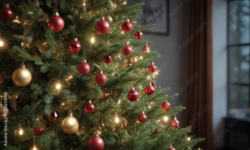 Spruce Christmas tree with ornaments and lights, spruce tree, ornaments Spruce Christmas tree with ornaments and lights, spruce tree, ornaments