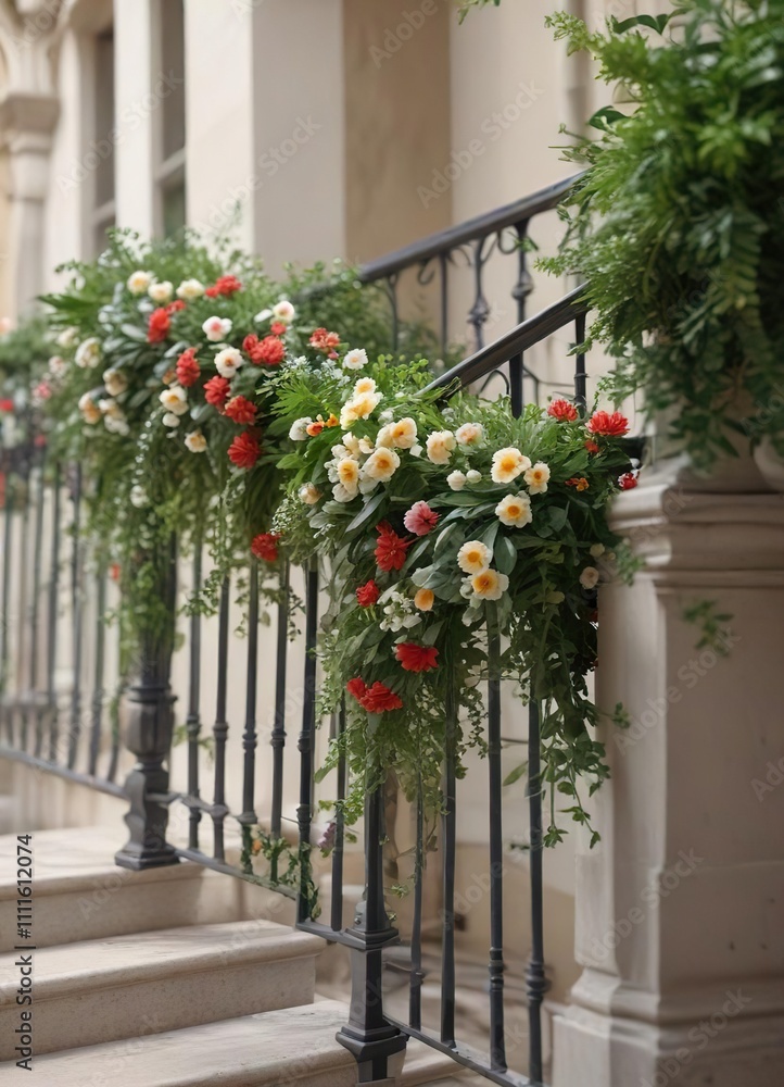 Naklejka premium Garland of greenery and flowers wrapped around a staircase railing , flowers, elegant, greenery
