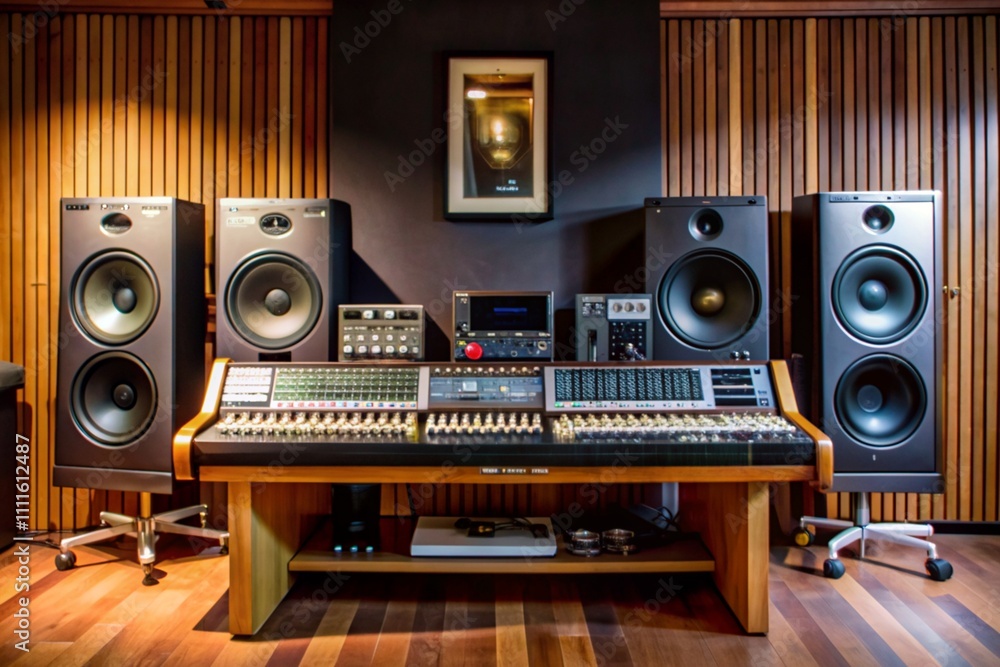 A studio with a large mixing board and two speakers A studio with a large mixing board and two speakers