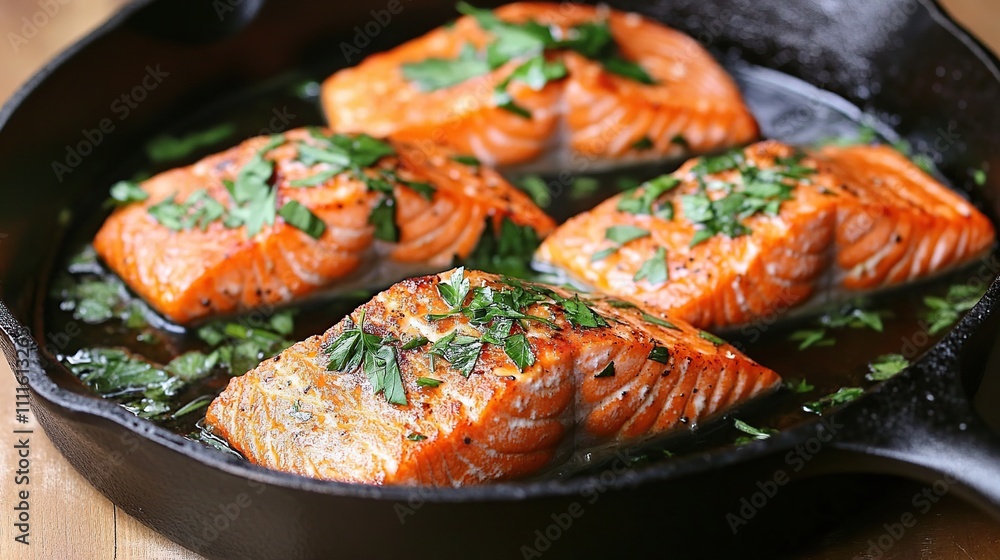 Four pan-seared salmon fillets with parsley. Four pan-seared salmon fillets with parsley.