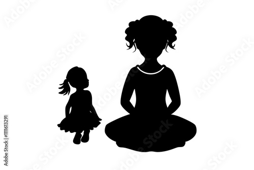 Silhouette of a little girl in a dress with curly hair. vector illustration.