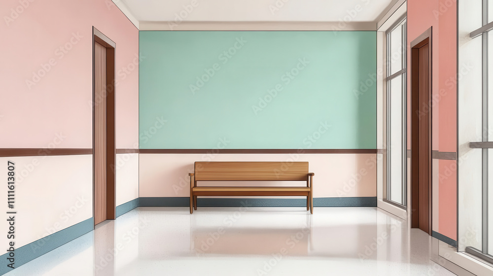 serene hallway with pastel walls and wooden bench invites relaxation serene hallway with pastel walls and wooden bench invites relaxation