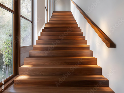 Stunning wooden staircase with natural light and modern design