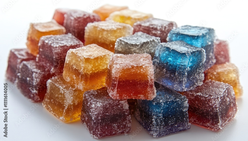 Sweet Colorful Cubes: Jewel-Toned Gummies, Delicious Treats, Sugar Crystals, Vibrant Colors, Assorted Flavors, Refreshing Candy, Square Shaped Gummies, Textured Surface Sweet Colorful Cubes: Jewel-Toned Gummies, Delicious Treats, Sugar Crystals, Vibrant Colors, Assorted Flavors, Refreshing Candy, Square Shaped Gummies, Textured Surface