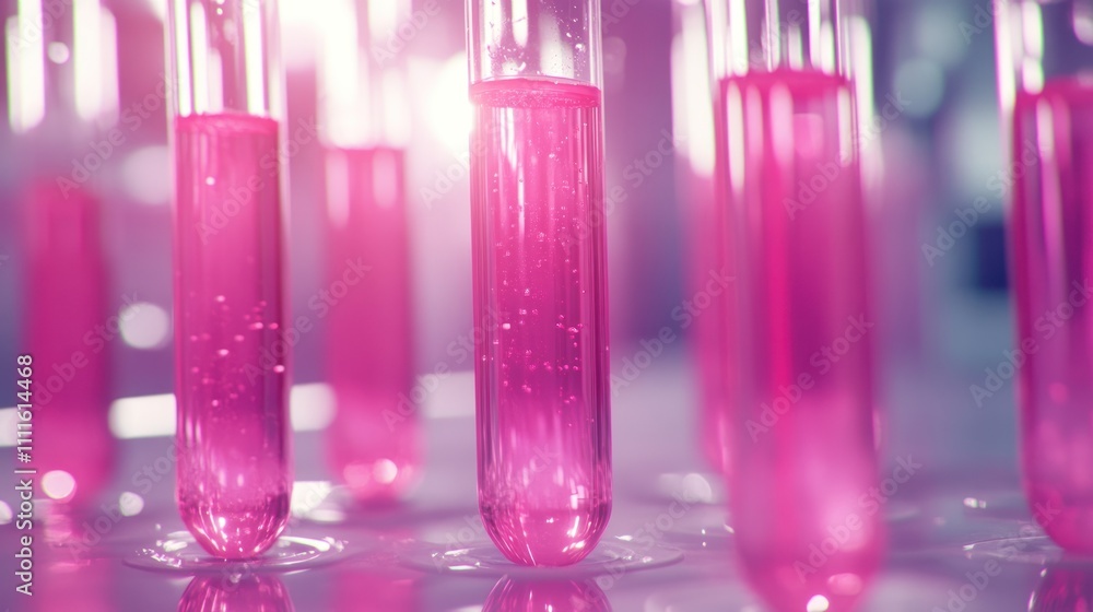 Test tubes filled with pink liquid in a laboratory setting Test tubes filled with pink liquid in a laboratory setting