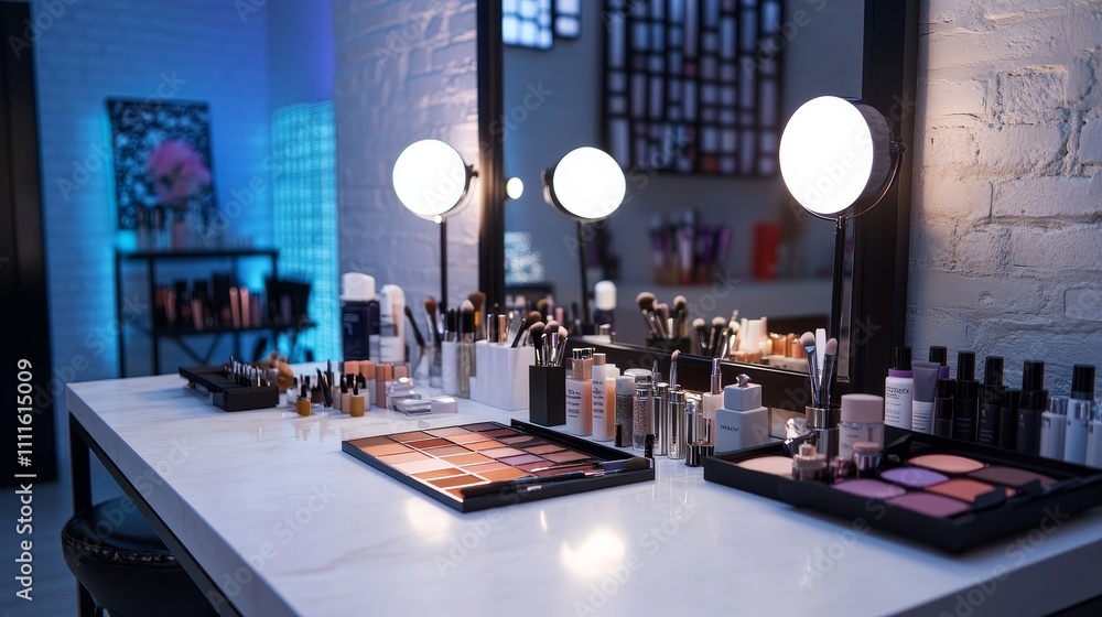 A well-organized makeup station with various beauty products and tools for application. A well-organized makeup station with various beauty products and tools for application.