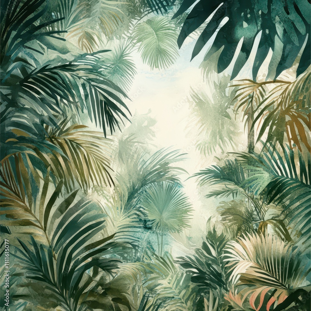 Artistic depiction of a dense jungle with watercolor textures, tropical vegetation in soft tones, retro botanical illustration Artistic depiction of a dense jungle with watercolor textures, tropical vegetation in soft tones, retro botanical illustration