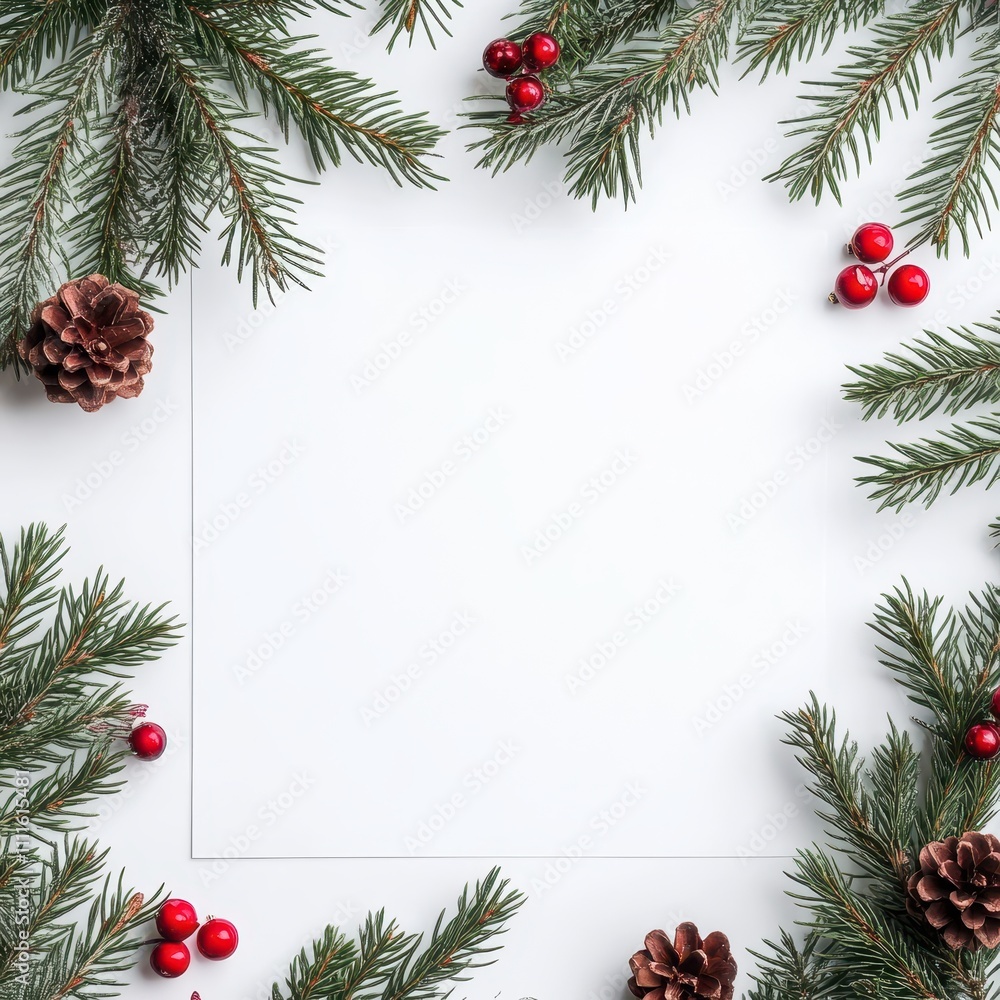 Christmas card template, border of fir twigs, red accents, and minimalistic festive layout. Christmas card template, border of fir twigs, red accents, and minimalistic festive layout.
