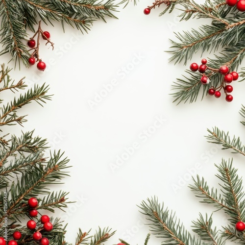 Christmas card template, border of fir twigs, red accents, and minimalistic festive layout.