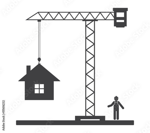 crane machine  lift house and workman icon