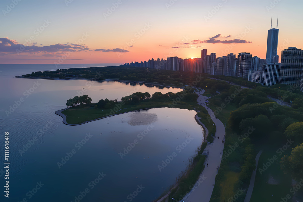 Fototapeta premium A city skyline with a large body of water in the background