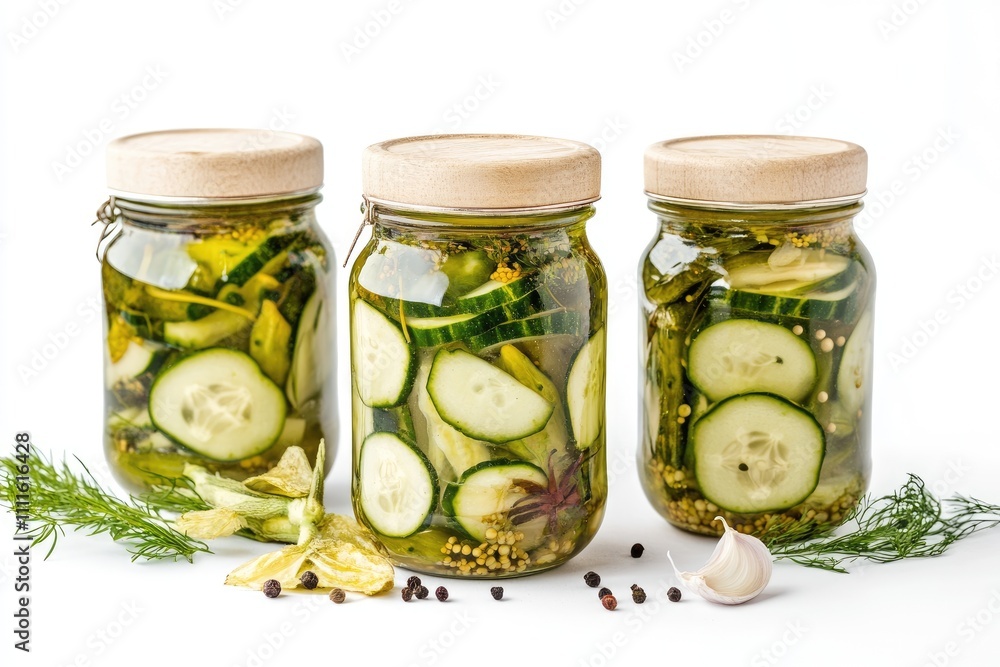 Three Jars Of Homemade Pickled Cucumbers And Spices Three Jars Of Homemade Pickled Cucumbers And Spices