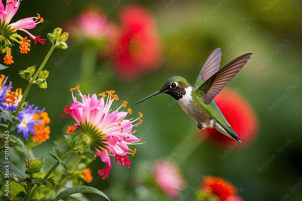Fototapeta premium Enchanting Ruby-Throated Hummingbird Hovering Among Colorful Flowers in Natural Habitat