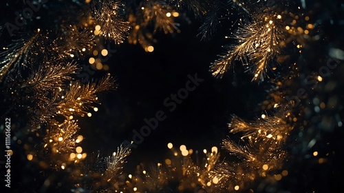 Golden glitter branches frame on black.