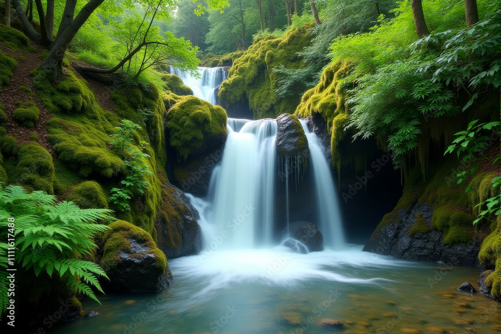 A serene waterfall cascades over moss covered rocks, creating a peaceful and tranquil scene A serene waterfall cascades over moss covered rocks, creating a peaceful and tranquil scene