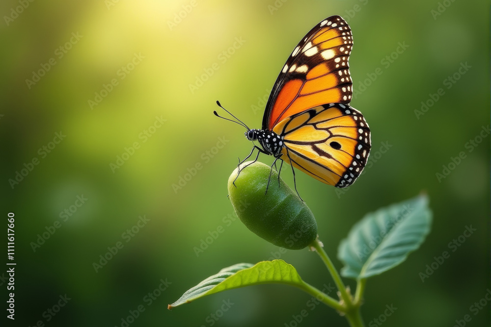 A beautiful orange butterfly with black stripes rests on a green leaf, basking in the warm sunlight. A beautiful orange butterfly with black stripes rests on a green leaf, basking in the warm sunlight.