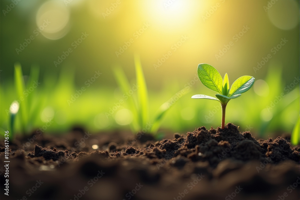A single seedling emerges from rich soil, bathed in the warm glow of the morning sun. It symbolizes growth, new beginnings, and the potential for life.