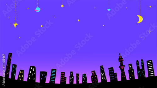 Neon color urban cityscape, background frame with buildings and night view, cute hand drawn illustration / ネオンカラーの都会の街並み、ビルと夜景の背景フレーム、かわいい手描きのイラスト