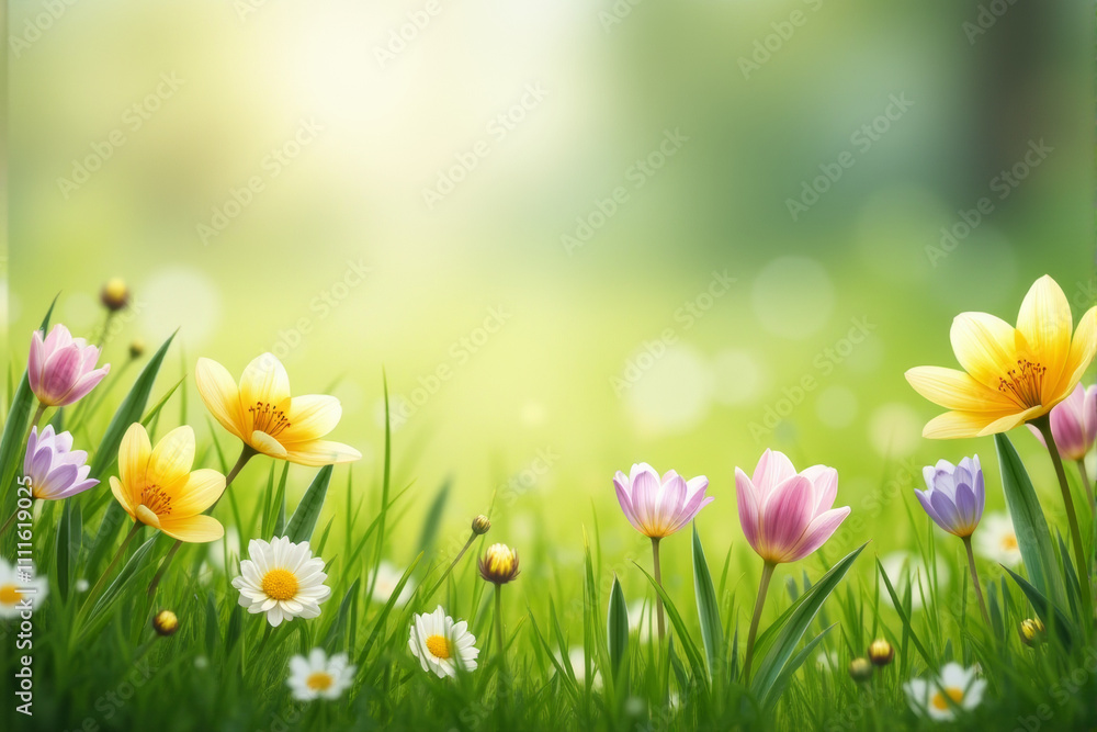 Fototapeta premium A vibrant field of colorful wildflowers bathed in warm sunlight, symbolizing the beauty and renewal of spring.