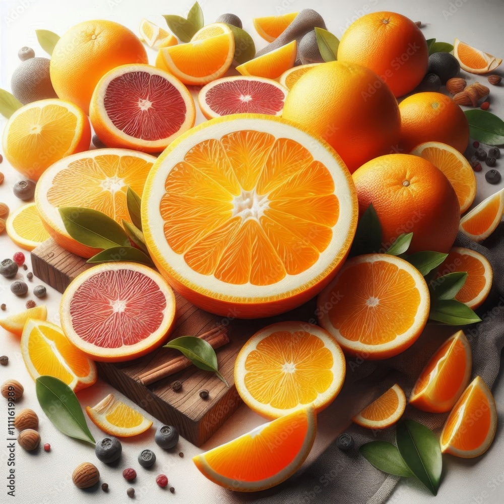 Sliced Orange Half with Whole Fruit on White Background Sliced Orange Half with Whole Fruit on White Background