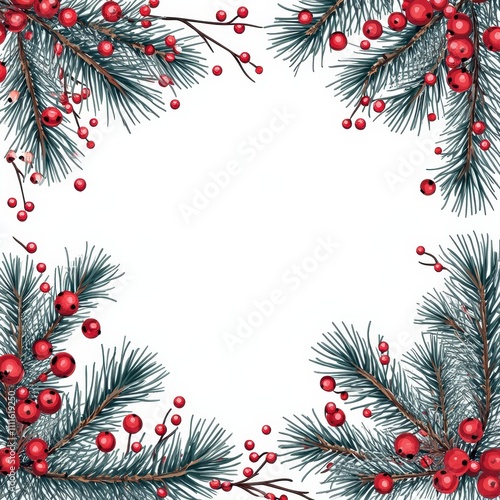 Red berry and pine twig frame, festive winter design, elegant vector illustration.