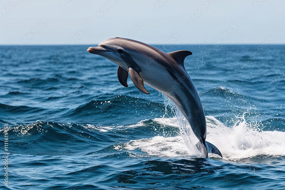 Fototapeta premium Joyful Dolphin Jumping in Shimmering Ocean Waves Supporting Wildlife Conservation