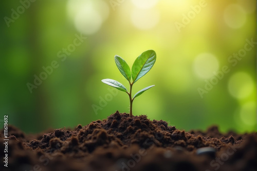 A single seedling emerges from rich soil, bathed in the warm glow of the morning sun. It symbolizes growth, new beginnings, and the potential for life.