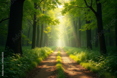 A sunlit path winds through a lush, green forest, with rays of light piercing through the dense foliage. The image evokes a sense of peace, tranquility, and the beauty of nature.