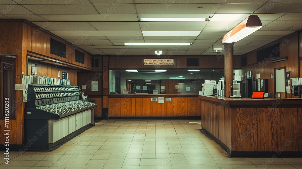 A vacant reception area with wooden paneling and a service counter, evoking a sense of abandonment. A vacant reception area with wooden paneling and a service counter, evoking a sense of abandonment.