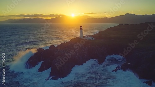 Dramatic sunset over coastal lighthouse with crashing waves.