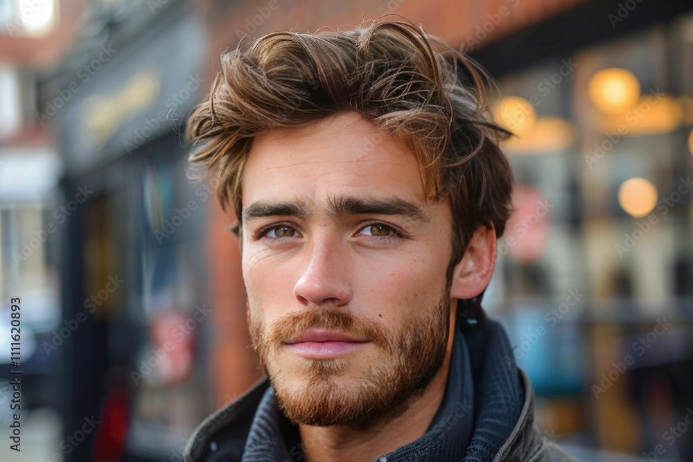 Portrait of a stylish young man with a beard and wavy hair standing outdoors. The urban backdrop adds to the modern and fashionable look, conveying confidence and casual charm Portrait of a stylish young man with a beard and wavy hair standing outdoors. The urban backdrop adds to the modern and fashionable look, conveying confidence and casual charm