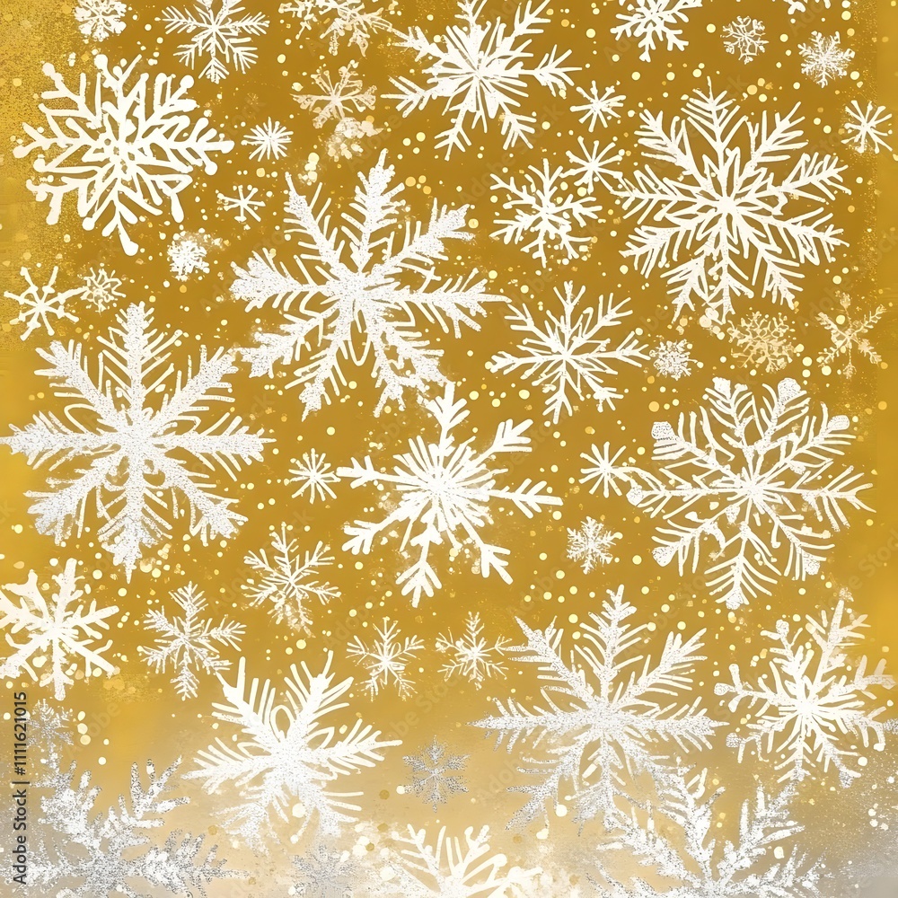 A festive pattern of white snowflakes on a gold background, evoking winter and holiday cheer. A festive pattern of white snowflakes on a gold background, evoking winter and holiday cheer.
