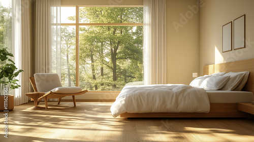A modern hotel room with a wooden floor  bed  and chair. The window offers a scenic view  while the walls are a light beige color and the ceiling is white. The room features light brown solid wood 