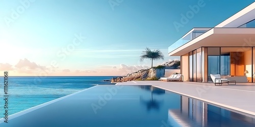 Ocean view home residential property. Modern luxury ocean front house  beach view balcony  holiday inspired art deco funiture. Tropical sunset scenic landscape background. Contemporary architecture.