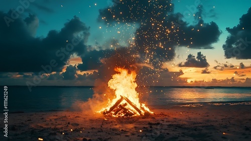 Fiery beach bonfire at sunset with sparks flying into twilight sky.